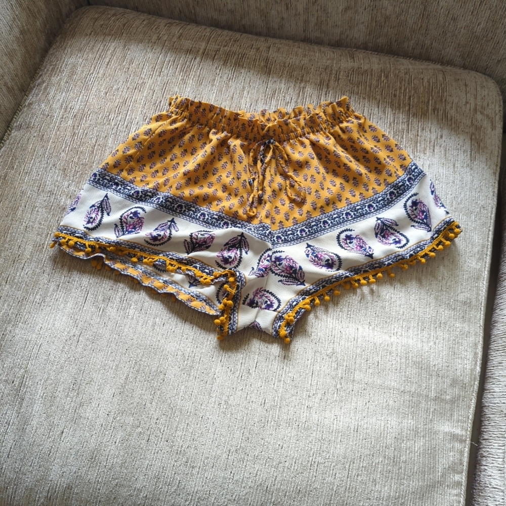Yellow and White Patterned Women's Shorts